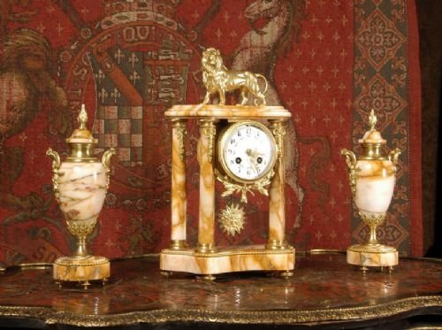 ***** Sold *****  Sienna Marble and Ormolu Clock Set ~ Lion,  French - Circa 1890